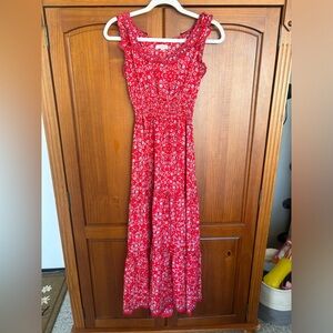 Red maxi dress with blue white floral pattern